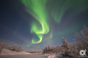 Northern lights over frozen landscape lit by full moon.